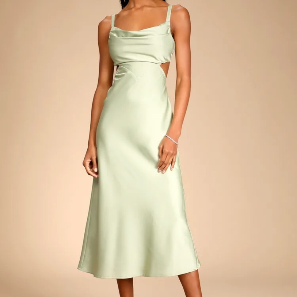 Lulus Sage Green Satin Cowl Neck Cutout Midi Dress